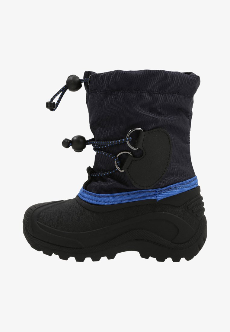 Botte d'hiver noire imperméable avec des accents bleus, tige en nylon rembourrée, fermeture à cordon ajustable et semelle en caoutchouc texturée.