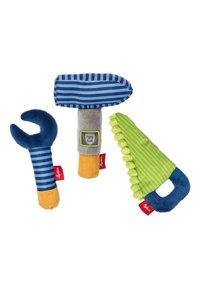 Three plush toy tools: a blue striped hammer, a blue and orange wrench, and a green striped saw with pom-pom accents. Soft fabric texture.