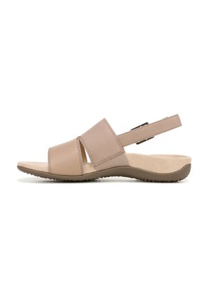 Brown leather sandals with two wide straps, adjustable heel strap, and textured insole. Flexible rubber sole with a slight tread pattern.
