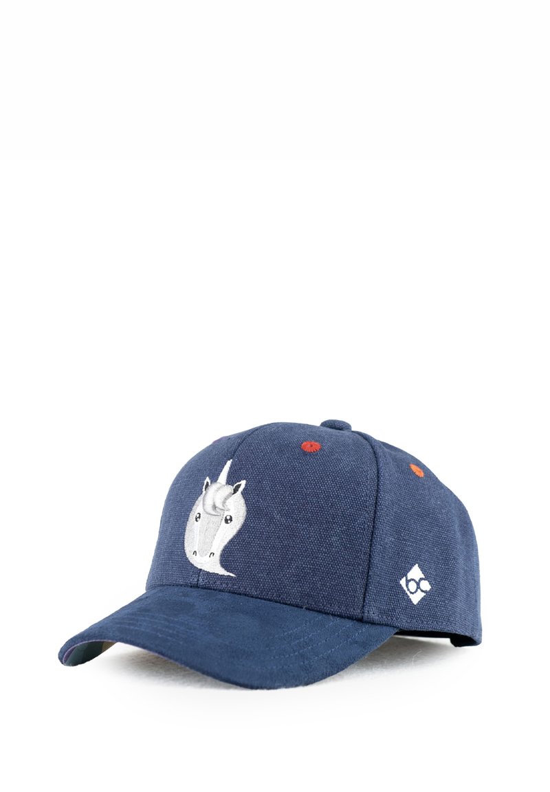 Navy blue cotton baseball cap with a unicorn embroidery on the front. Features red accents on top and a textured brim.