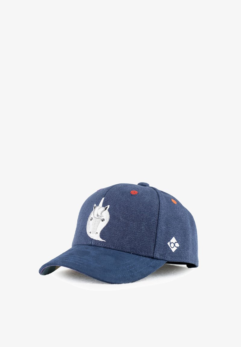 Navy blue cotton baseball cap with a unicorn embroidery on the front. Features red accents on top and a textured brim.