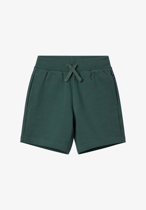 Grønne bomuldsshorts med elastisk talje, snøre og sidelommer. Glat tekstur, knælængde design. Ingen synlige mønstre.