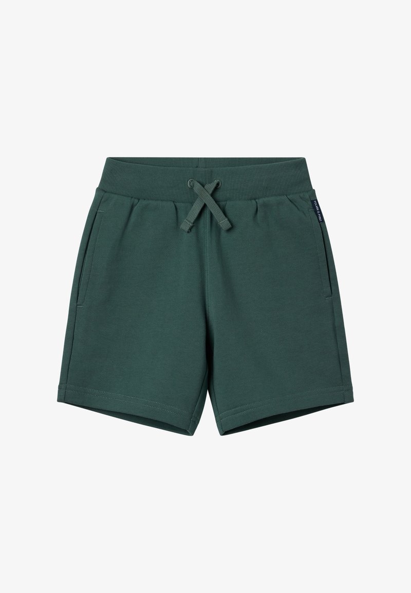Groene katoenen shorts met een elastische tailleband, koord en zijzakken. Glad textuur, knielange ontwerp. Geen zichtbare patronen.