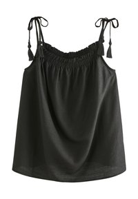 Haut sans manches noir avec des bretelles réglables à nouer, smocké froncé au niveau du col et accents à pompons. Fabriqué dans un tissu léger.