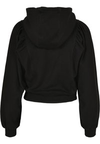 Sweat à capuche court noir avec capuche, épaules froncées et manches longues. Fabriqué en tissu doux avec poignets et ourlet côtelés. Design simple.