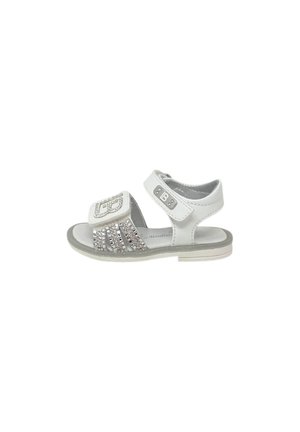 Sandalo bianco da bambino/a con punta aperta, cinturino con strass argentati e cinturini in velcro regolabili alla caviglia e davanti, su sfondo bianco.