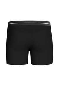 Schwarze Boxershorts mit enganliegendem Design, glatter Textur und einem grauen gestreiften elastischen Bund. Keine sichtbaren Muster oder Logos.
