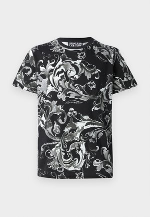Black t-shirt with intricate white and grey floral pattern, crew neck, short sleeves, soft fabric, and logo "Versace Jeans Couture" on the front.
