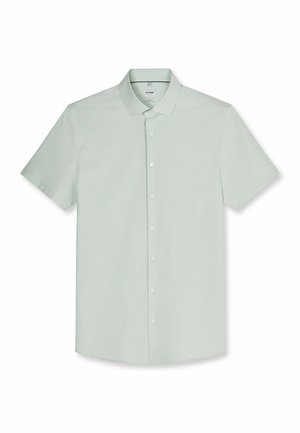 Camicia verde chiaro a maniche corte con collo classico, sette bottoni frontali e una texture sottile.