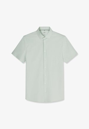 Camicia verde chiaro a maniche corte con collo classico, sette bottoni frontali e una texture sottile.