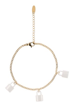 Aranylánc karkötő, három kis fehér táska alakú charm-mal, egyenletesen elosztva rajta, rákkapoccsal és állítható lánchosszabbítással.