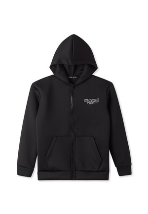 Felpa nera con zip realizzata in un materiale liscio e elastico. Presenta un cappuccio, tasche a marsupio e un logo bianco sul lato sinistro del petto.