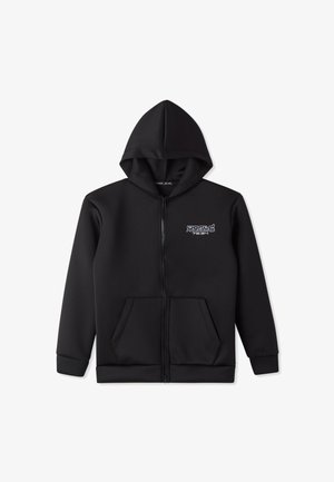 Felpa nera con zip realizzata in un materiale liscio e elastico. Presenta un cappuccio, tasche a marsupio e un logo bianco sul lato sinistro del petto.