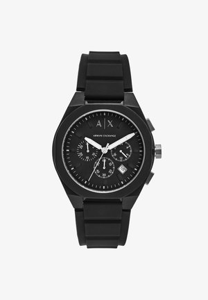Zwarte chronograaf horloge met een ronde wijzerplaat, rubberen band, zilveren accenten en witte uur- en minutenwijzers. Bevat een datumaanduiding en subdials.