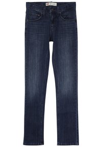 Jeans ajustados de mezclilla en color azul oscuro, con cinco bolsillos, cierre de botón y una etiqueta de logo en la cinturilla. Textura suave y corte clásico.