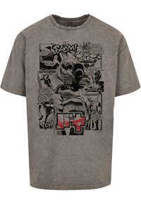 Gray cotton T-shirt featuring a comic-style graphic print in black and red, depicting action scenes with bold text elements.