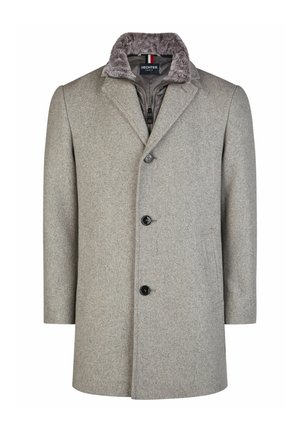 Grå uldfrakke med faux fur krave, knaplukning, to lommer og en glat overflade, der har et klassisk design.