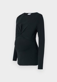Svart langermet graviditetstopp med vridd frontdetalj, laget av mykt stoff, med en tettsittende fasong og rund halslinje.