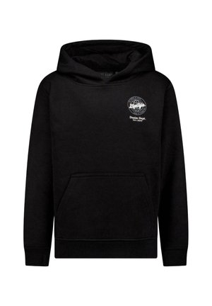 Zwarte capuchonsweater gemaakt van een katoenmix, met een voorkantzak en een wit logo op de borst gedrukt. Zachte textuur overal.