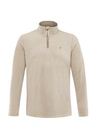 Beige fleece trøje med halv-zipkrave, der har lange ærmer og en tekstureret overflade, med et diskret logo på brystet.