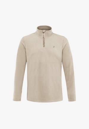 Pullover beige in fleece con colletto a mezza zip, caratterizzato da maniche lunghe e una superficie testurizzata, che mostra un logo discreto sul petto.