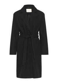 Manteau noir en mélange de laine avec manches longues, grands revers et une ceinture assortie. Il présente une silhouette cintrée et un design mi-long.