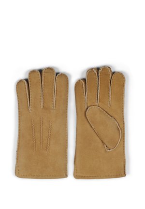 Brune lærhansker med tre dekorative sømmer på baksiden, som har en separat tommel og en glatt tekstur gjennom hele.