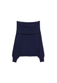 Granatowy sweter z dzianiny z prążkowanym kołnierzem typu golf, długimi rękawami i luzem, dający efekt warstwowy. Miękka tekstura, bez wzorów.