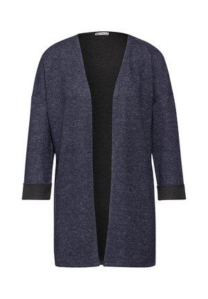 Lange navy cardigan met een losse pasvorm, contrasterende zwarte manchetten en een open voorkant ontwerp. Zacht textiel met een structuur. Geen sluitingen of patronen.