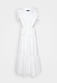 Vit midi klänning med volangärmar, v-ringning, knappfront och dragsko i midjan. Broderie anglaise tyg med lagerkant.