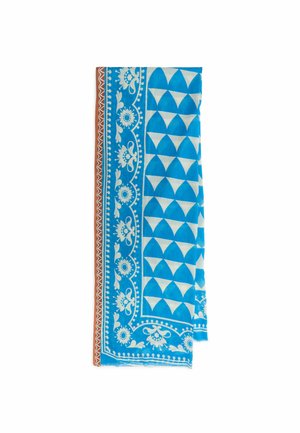 Sciarpa blu e bianca con triangoli geometrici e motivi floreali, con un bordo stretto marrone a zigzag su un lato.
