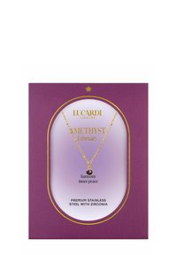 Gouden halsketting met een ronde amethist hanger, gepresenteerd in een paarse doos met "amethist februari" en decoratieve tekst. Premium roestvrij staal.