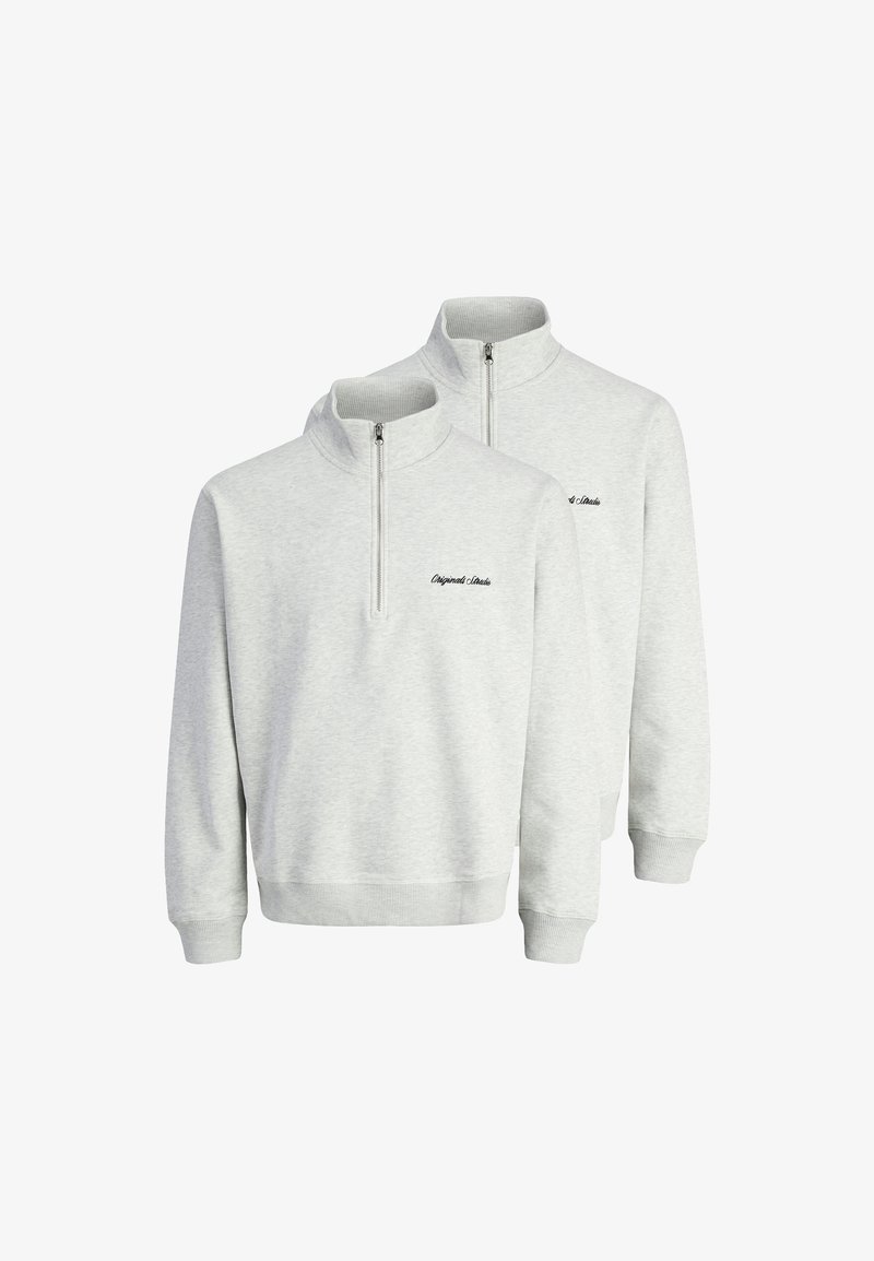 Gray sweatshirts with a stand-up collar and half-zip closure. Features ribbed cuffs, a relaxed fit, and black embroidered logo on the chest.