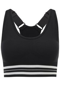 Svart sportbh med ribbad struktur, breda axelremmar och en tvåtonad svart och vit randig band längst ner. Klassisk atletisk design.