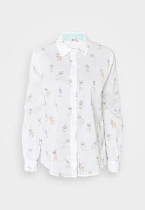 Biała koszula zapinana na guziki z długimi rękawami, ozdobiona wzorem małych beżowych i szarych buldogów francuskich.