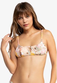 Floral print bikini top van zachte stof, met pasteltinten, verstelbare bandjes en een sleutelgatontwerp in het midden.