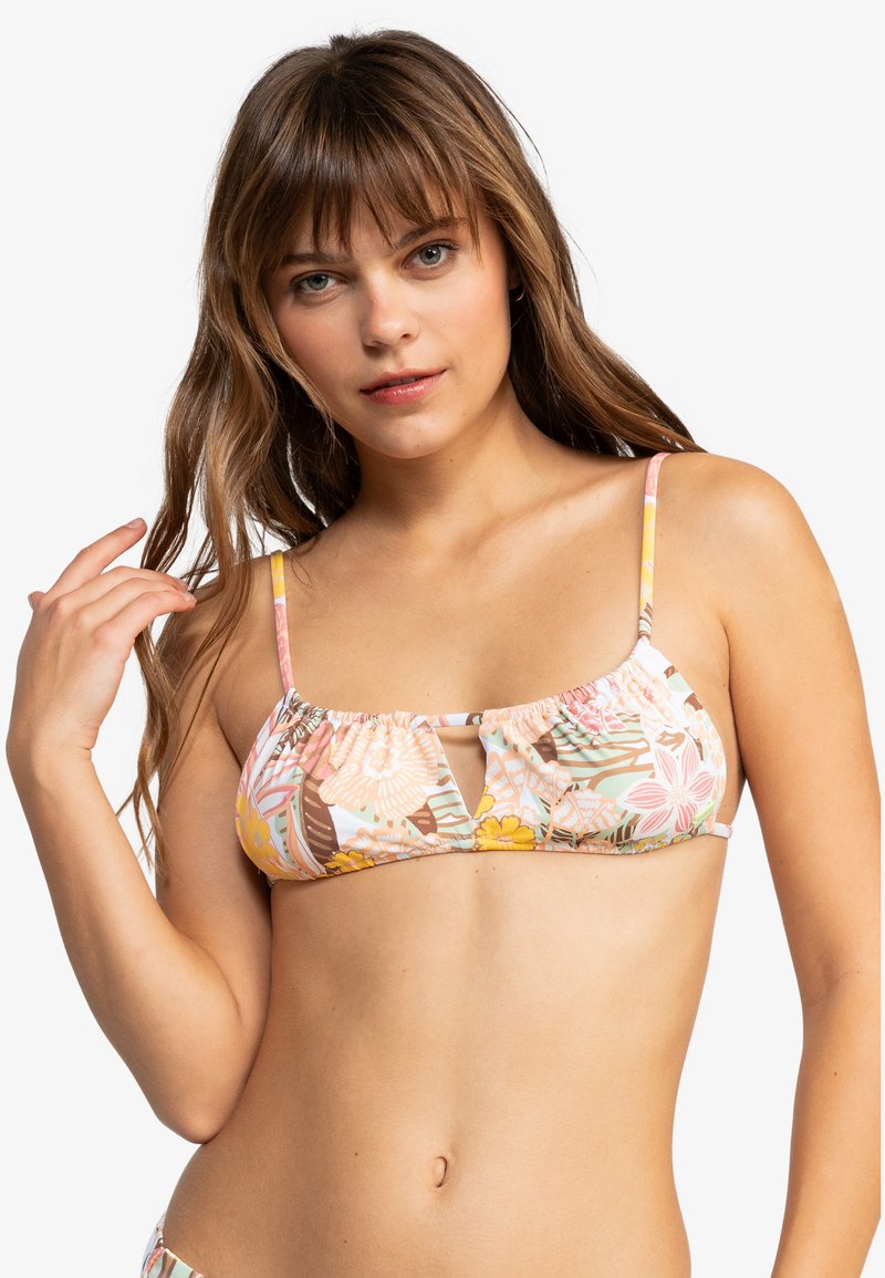 Floral print bikini top van zachte stof, met pasteltinten, verstelbare bandjes en een sleutelgatontwerp in het midden.