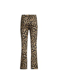 Legginsy w panterkę w kolorze beżowym i czarnym z rozszerzanym dołem. Charakteryzują się dopasowanym krojem, gładką teksturą oraz średnim stanem.