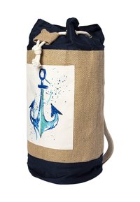 Navy und beige zylindrischer Zugbeutel mit weißer Ankerillustration und Seilverschluss, geeignet für maritime oder Strandnutzung.