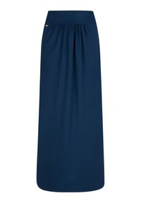 Gonna maxi blu navy con una cintura elastica, dettagli arricciati in vita e una superficie liscia. Presenta un piccolo dettaglio dorato.