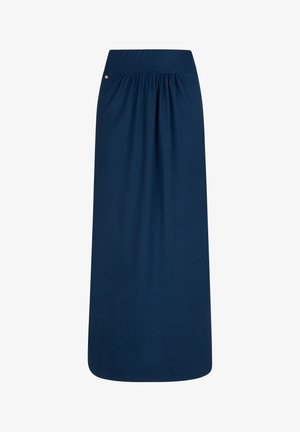 Gonna maxi blu navy con una cintura elastica, dettagli arricciati in vita e una superficie liscia. Presenta un piccolo dettaglio dorato.
