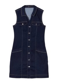 Robe sans manches en denim, bleu foncé avec des coutures claires, fermeture à boutons, deux poches poitrine, deux poches latérales et une coupe légèrement ajustée.