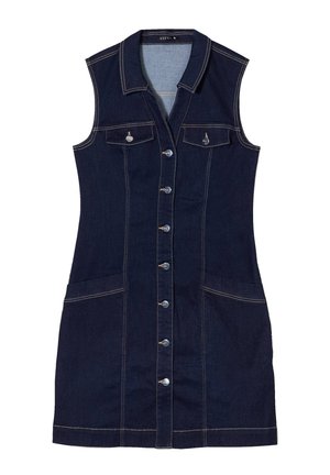 Denim sleeveless dress, dark blue with light stitching, button closure, two chest pockets, two side pockets, and a slightly fitted shape.