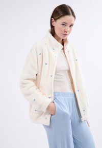 Kremowy miękki futrzany płaszcz z jasno niebieskimi haftowanymi detalami, zapinany na zamek błyskawiczny, z wysokim kołnierzem i luźnym krojem.