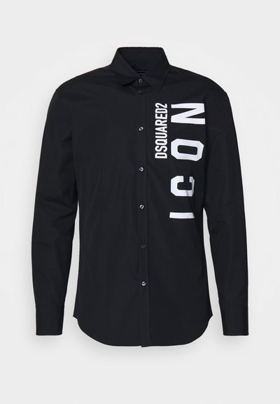 Black button-up shirt made of cotton, featuring large white text "DSQUARED2 ICON" printed vertically on the left side.