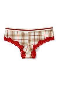 Mutandine da donna a vita bassa con un motivo a quadri beige e rosso, bordi in pizzo rosso lungo le aperture delle gambe e una cintura bianca a righe rosse.