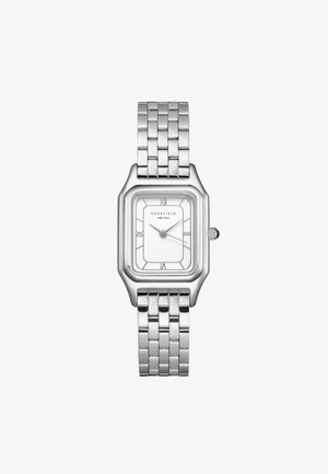 Reloj de acero inoxidable plateado con una esfera rectangular, un dial blanco y números romanos minimalistas. Presenta un diseño de pulsera de eslabones.