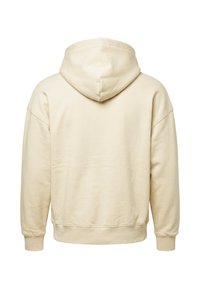 Cream-colored hooded sweatshirt with long sleeves, ribbed cuffs, and waistband, shown from the back on a white background.