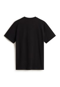 Camiseta de algodón negra con mangas cortas, escote redondo y una textura suave. Sin logotipos ni patrones visibles en la parte posterior.
