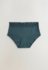 Turkusowa bawełniana bielizna z szerokim koronkowym pasem, charakteryzująca się gładką teksturą i pełnym zakryciem. Koronka dodaje dekoracyjny akcent.